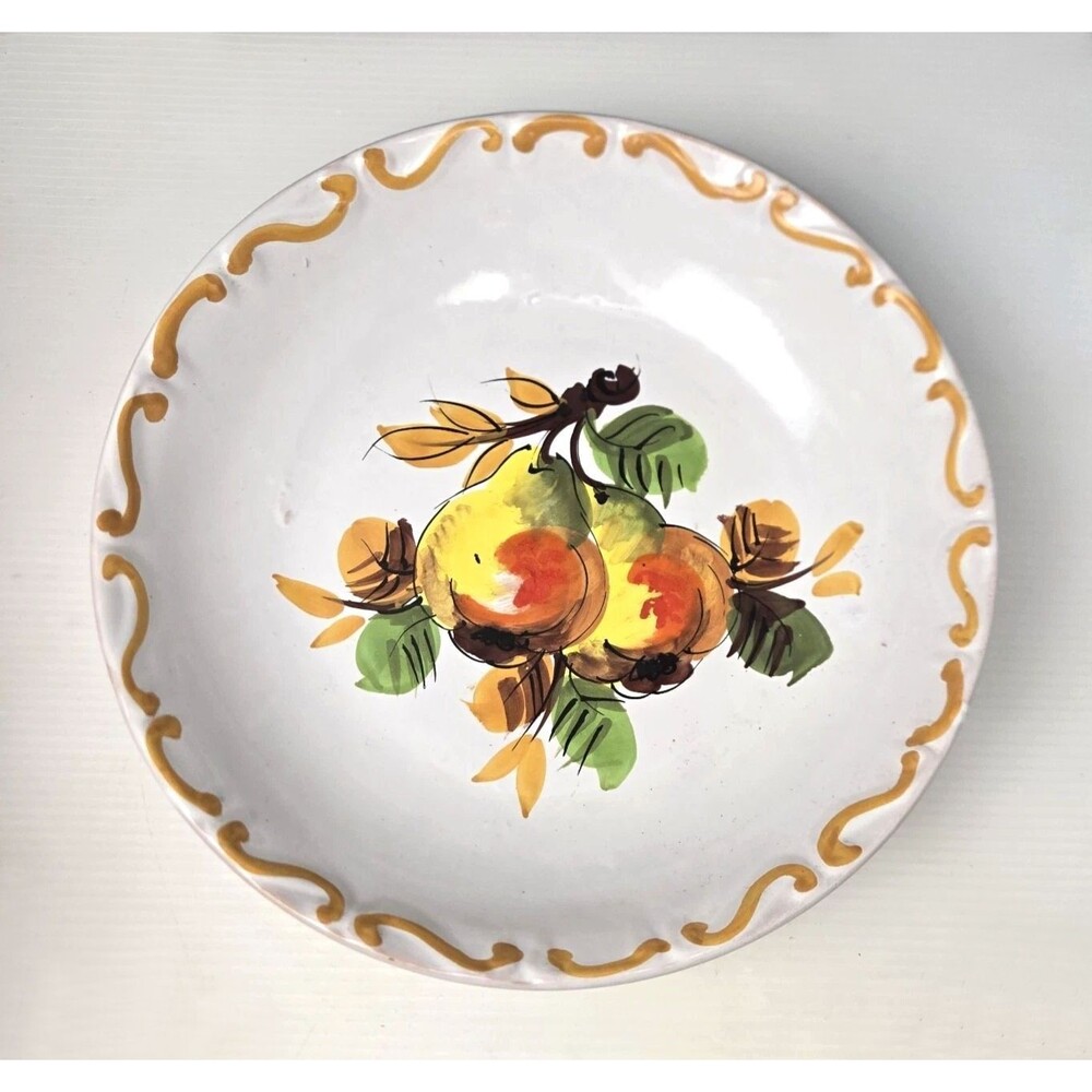 Vintage Italian Majolica Hand Painted Ceramic Serving Bowl Fruit Pears Scroll